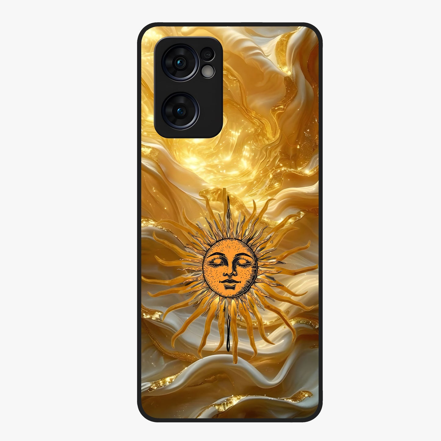 Eternal Golden Glow Glass Case showing flat back view with radiant golden themed artwork and glossy glass finish.