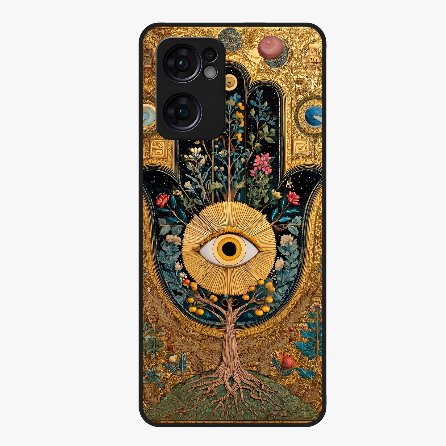 Ethereal Evil Eye Glass Case showing flat back view with mystical evil eye artwork and glossy glass finish.
