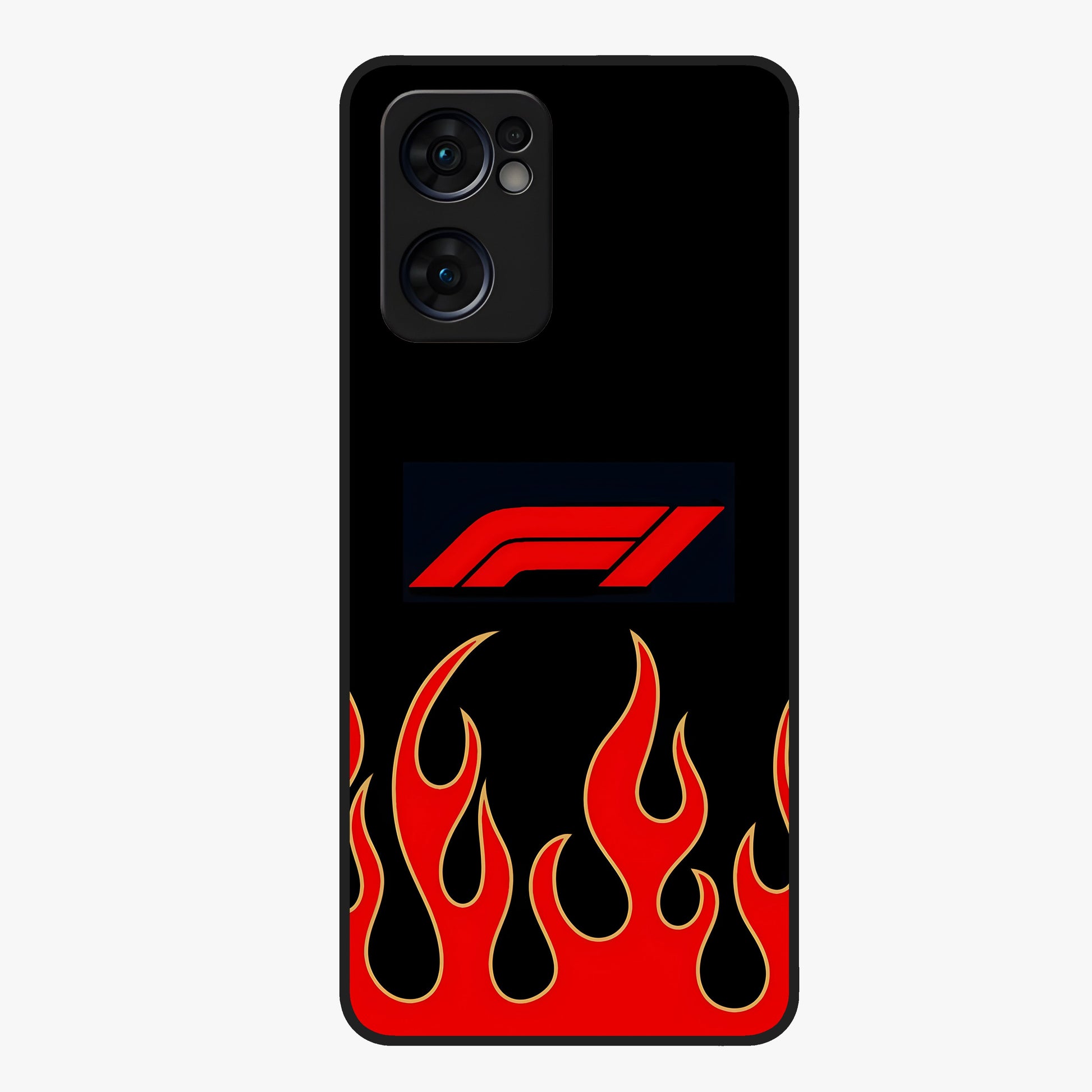 Fire F11 Glass Case showing flat back view with fiery themed artwork and glossy glass finish.