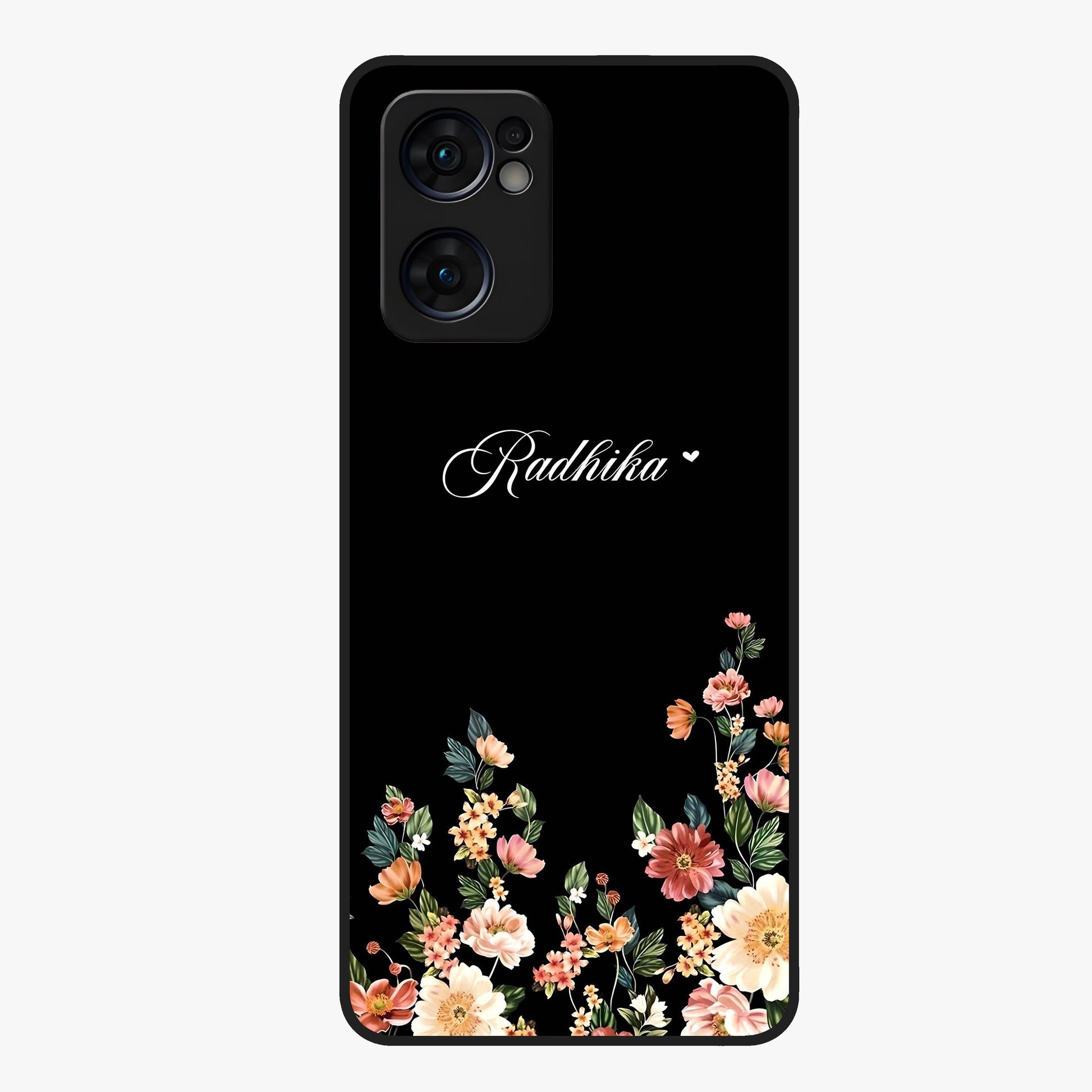 Floral Design With a Custom Personalized Name Glass Case showing flat back view with floral artwork and personalized name design.