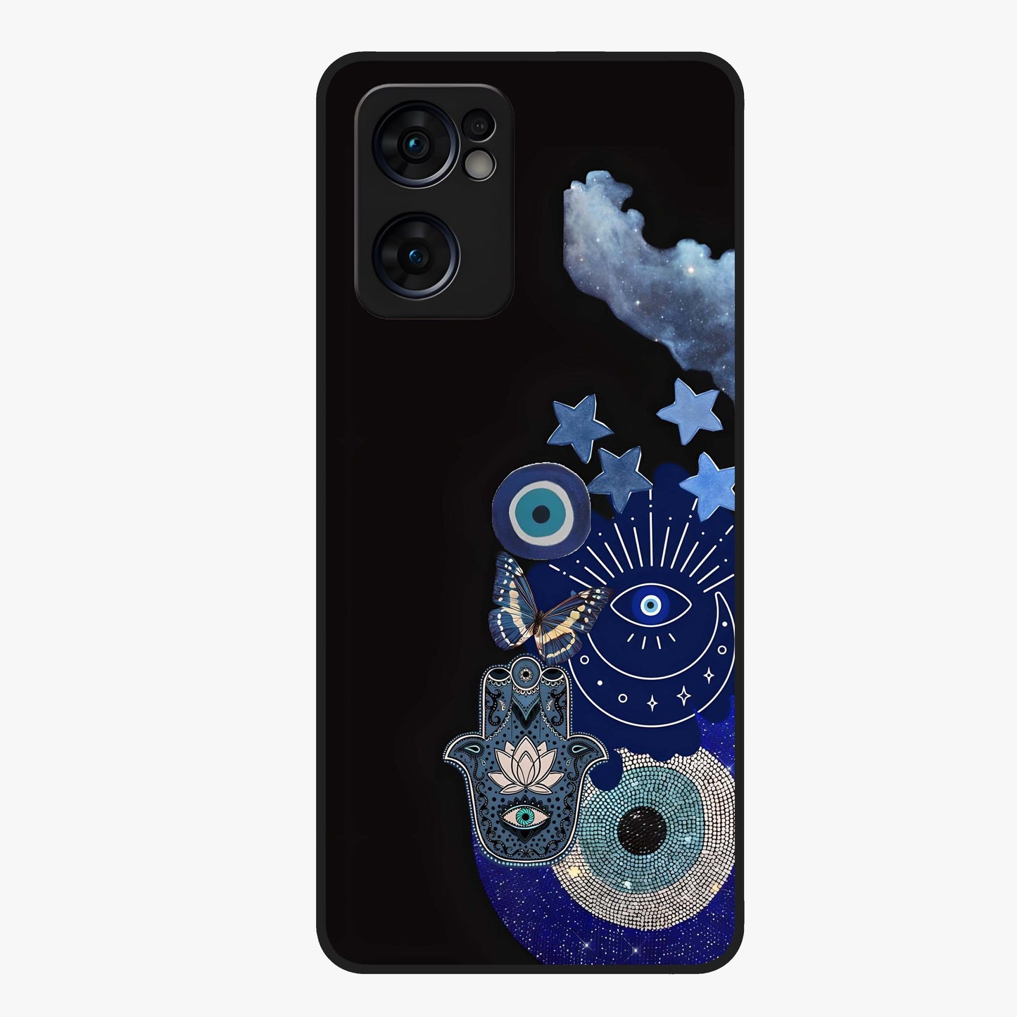 Galactic Charm Cluster Glass Case showing flat back view with glowing celestial charm artwork and glossy glass finish.