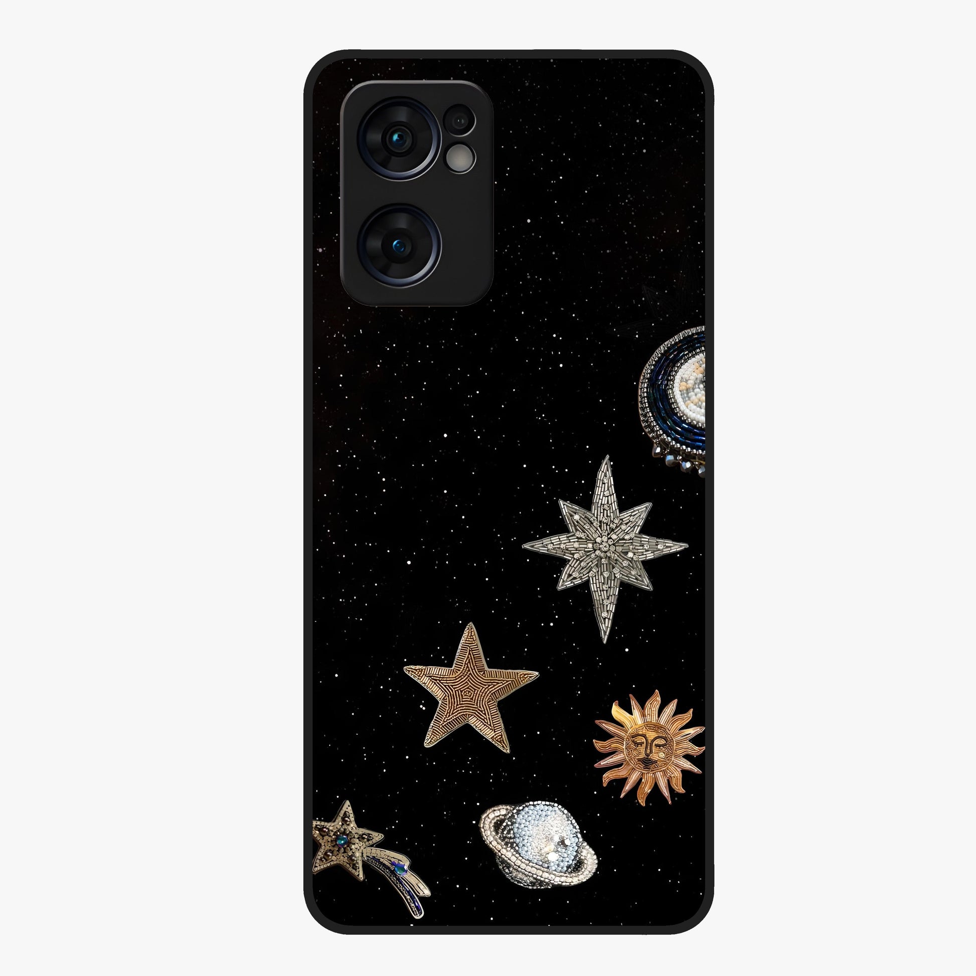 Galactic Charm Glow Glass Case showing flat back view with glowing celestial charm artwork and glossy glass finish.