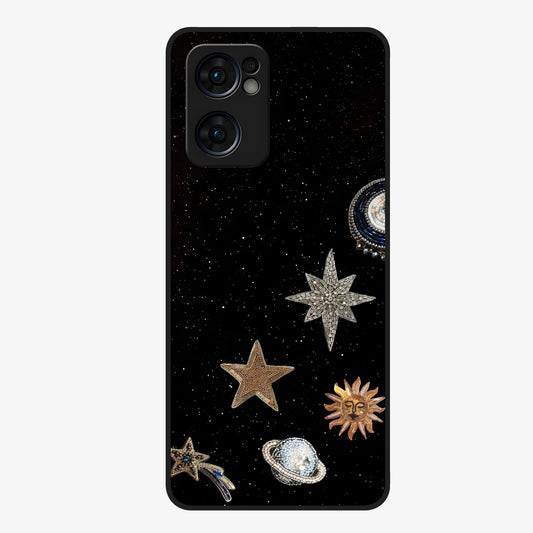 Galactic Charm Glow Glass Case showing flat back view with glowing celestial charm artwork and glossy glass finish.