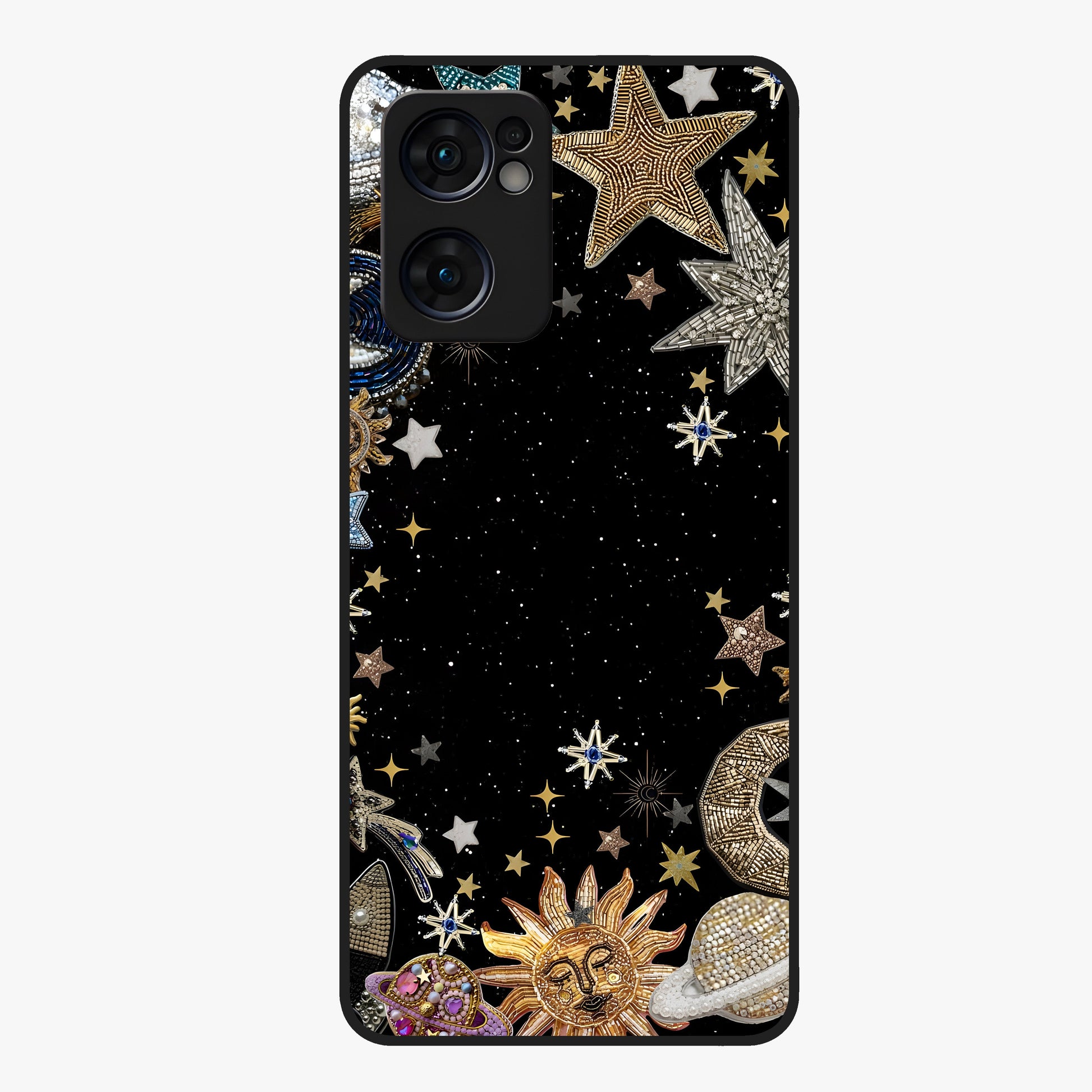 Galactic Jewel Stars Glass Case showing flat back view with sparkling star jewel artwork and glossy glass finish.
