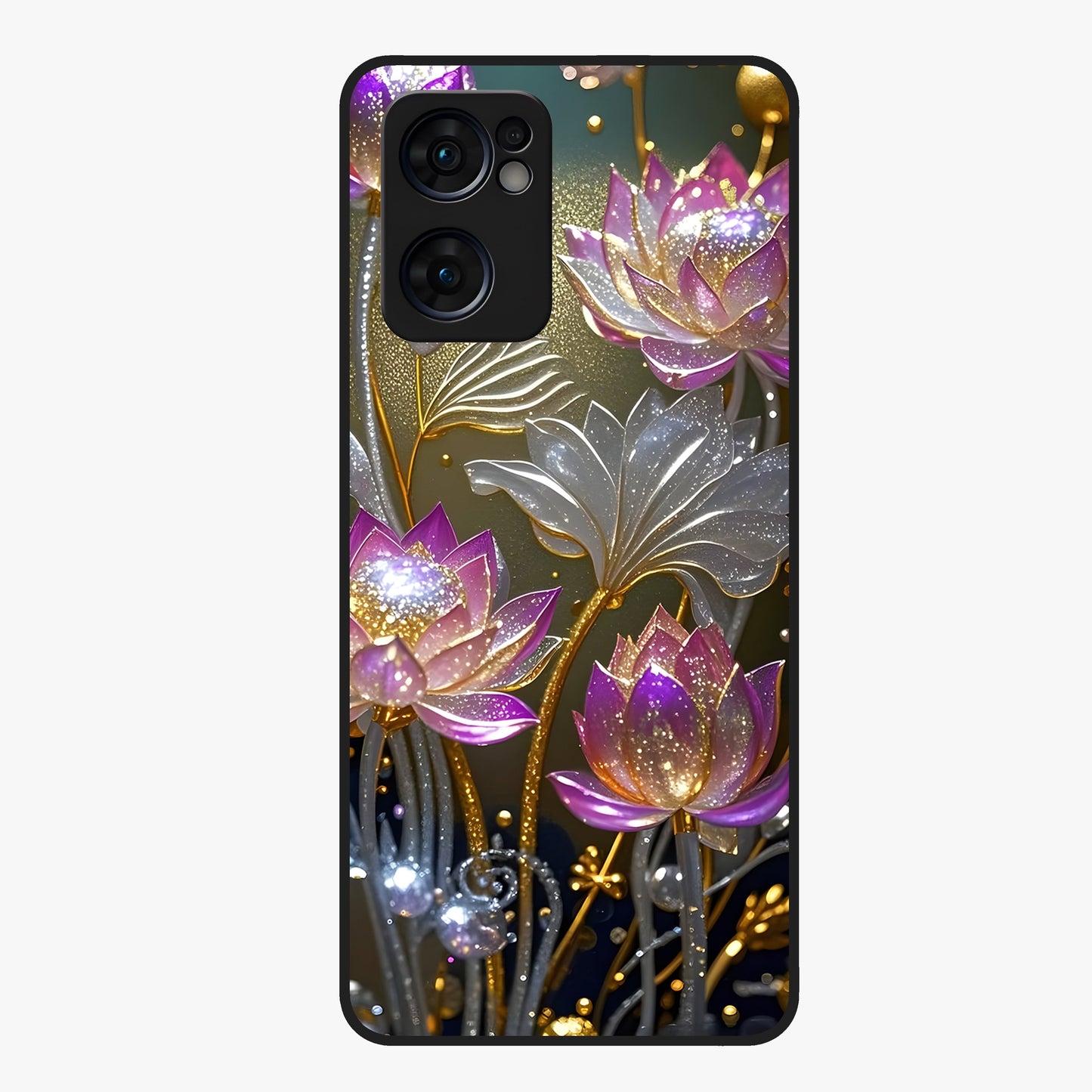 Golden Lotus Glow Glass Case showing flat back view with glowing lotus flower artwork and glossy glass finish.
