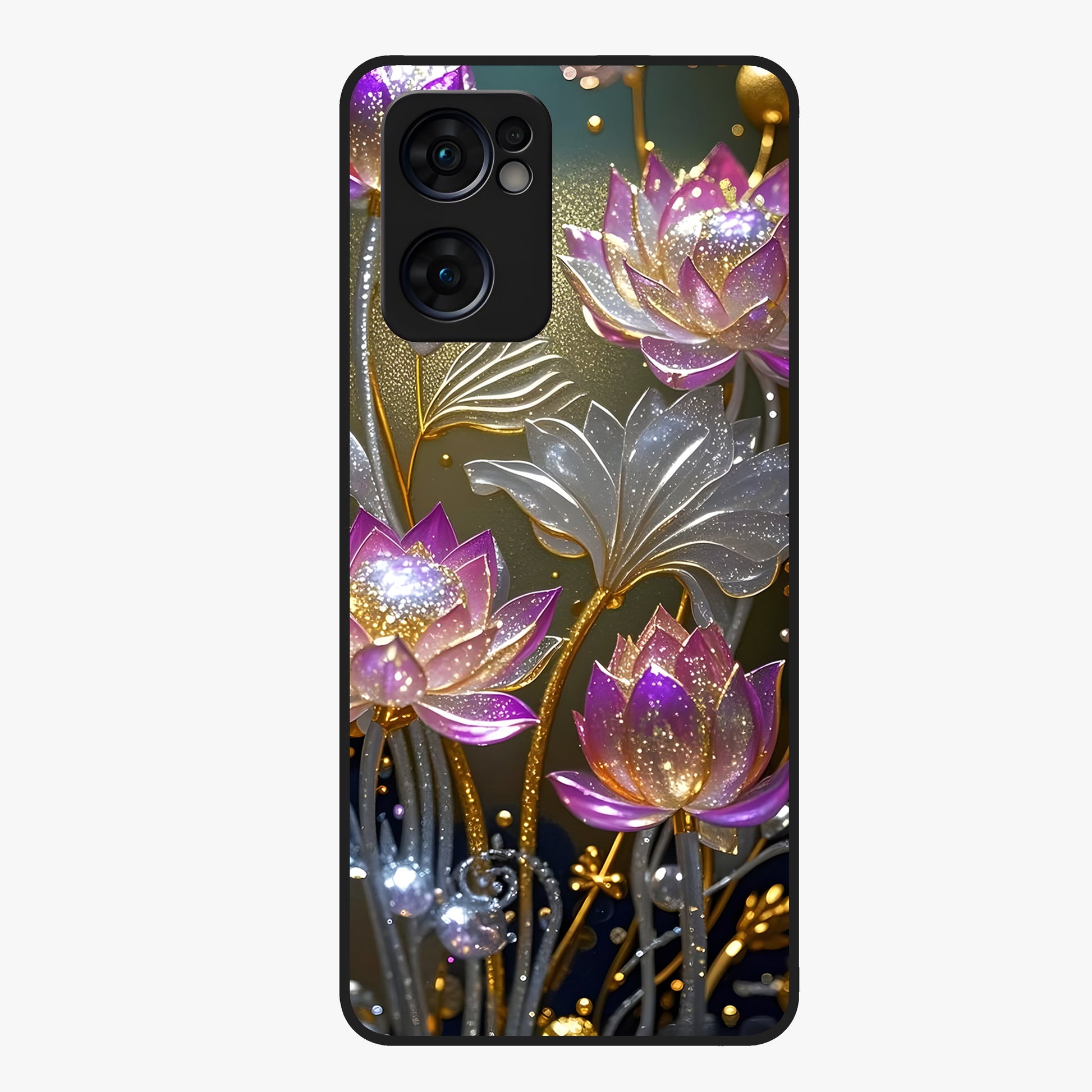 Golden Lotus Glow Glass Case showing flat back view with glowing lotus flower artwork and glossy glass finish.