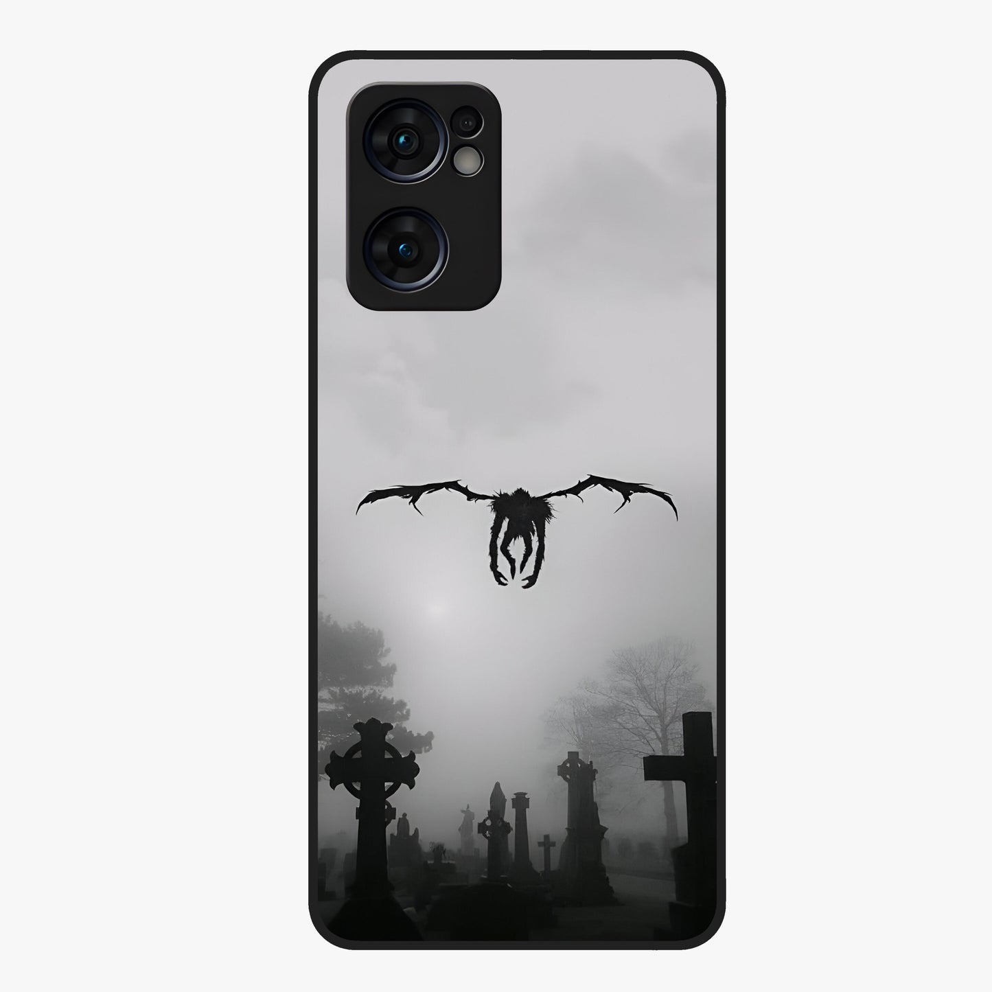 Graveyard Shadow Descent Glass Case showing flat back view with dark graveyard themed artwork and glossy glass finish.