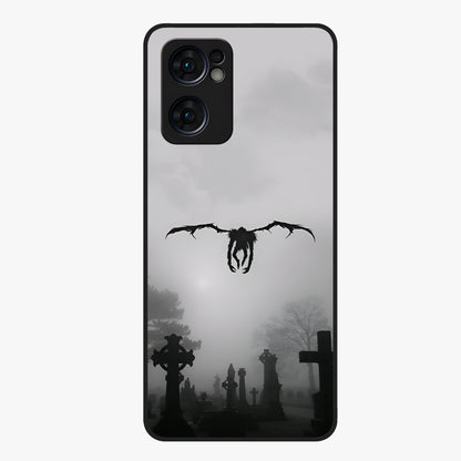 Graveyard Shadow Descent Glass Case showing flat back view with dark graveyard themed artwork and glossy glass finish.