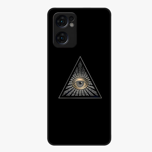 Illuminati Evil Glass Case showing flat back view with mysterious illuminati symbol artwork and glossy glass finish.