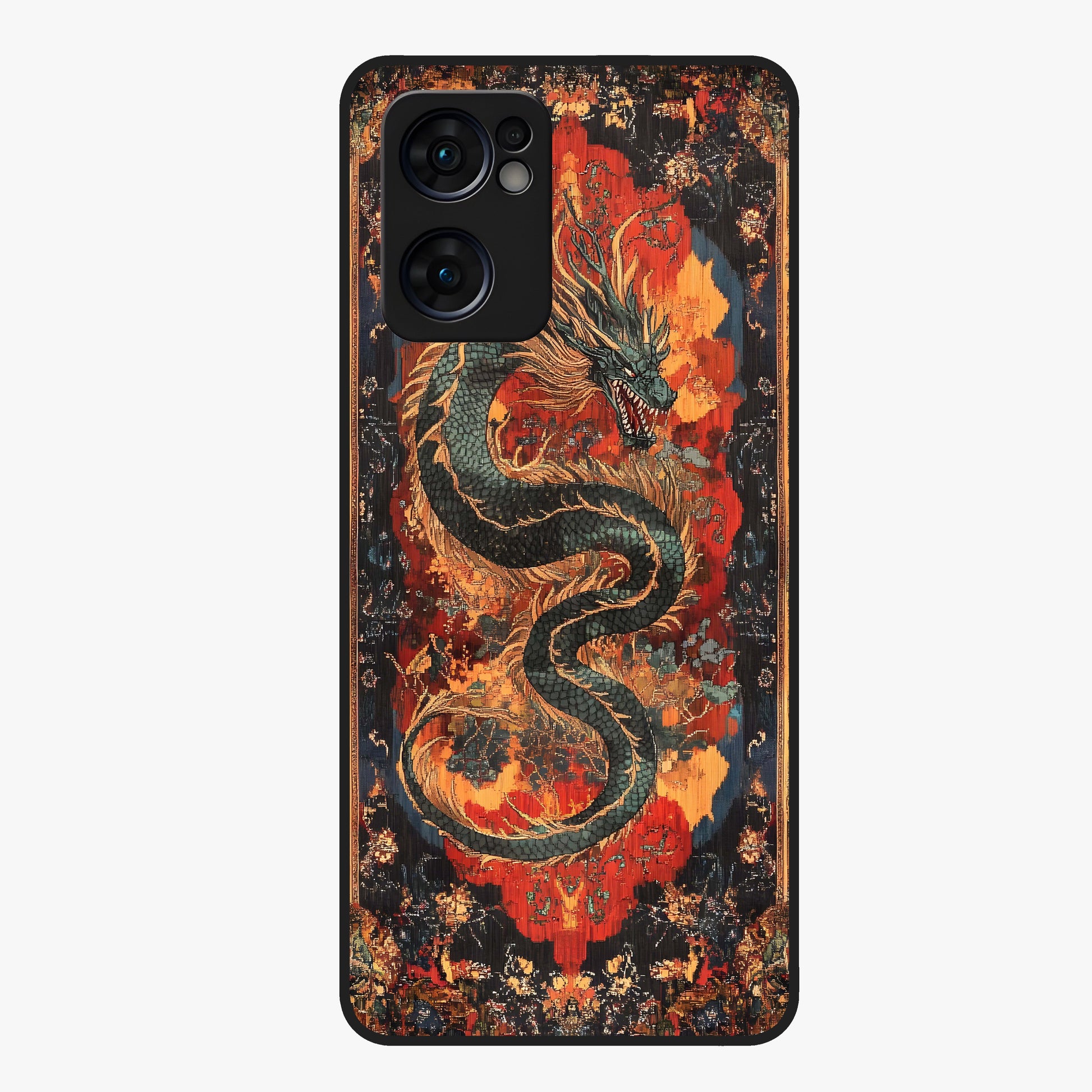 Inferno Dragon Soul Glass Case showing flat back view with fiery dragon artwork and glossy glass finish.