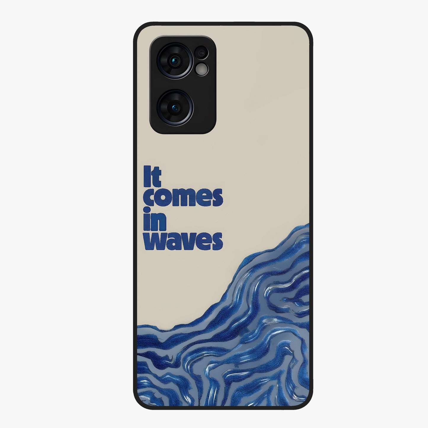 It Comes In Waves Quote Glass Case showing flat back view with inspirational wave themed quote artwork and glossy glass finish.