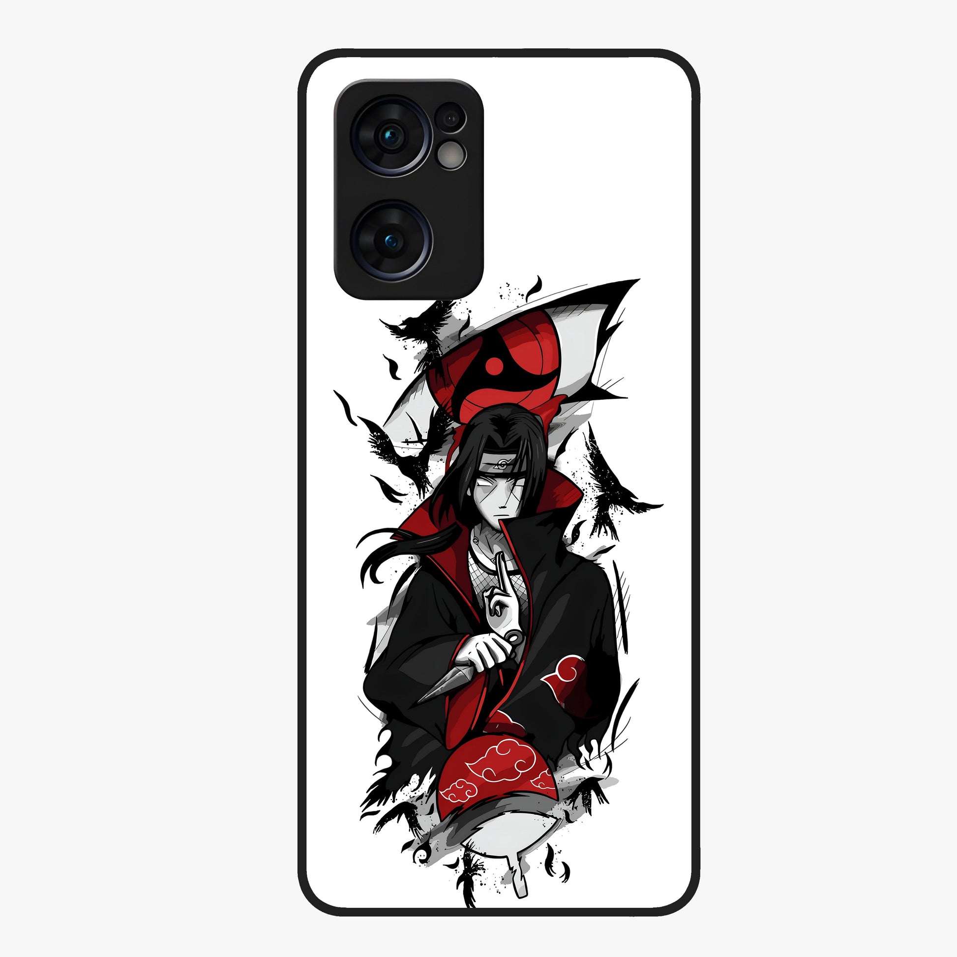 Itachi Sharingan Glass Case showing flat back view with powerful anime eye artwork and glossy glass finish.