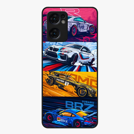 JDM Sports Car Glass Case showing flat back view with high performance sports car artwork and glossy glass finish.