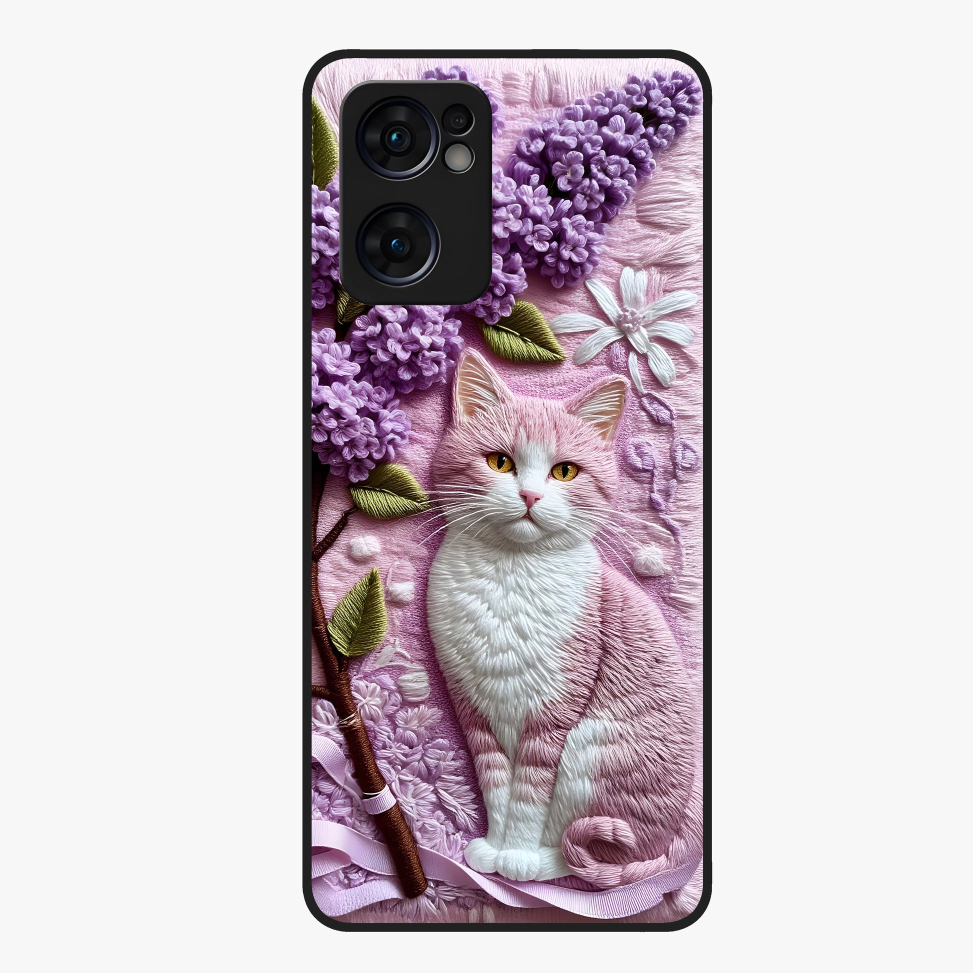 Lavender Cat Whimsy Glass Case showing flat back view with cute lavender cat artwork and glossy glass finish.