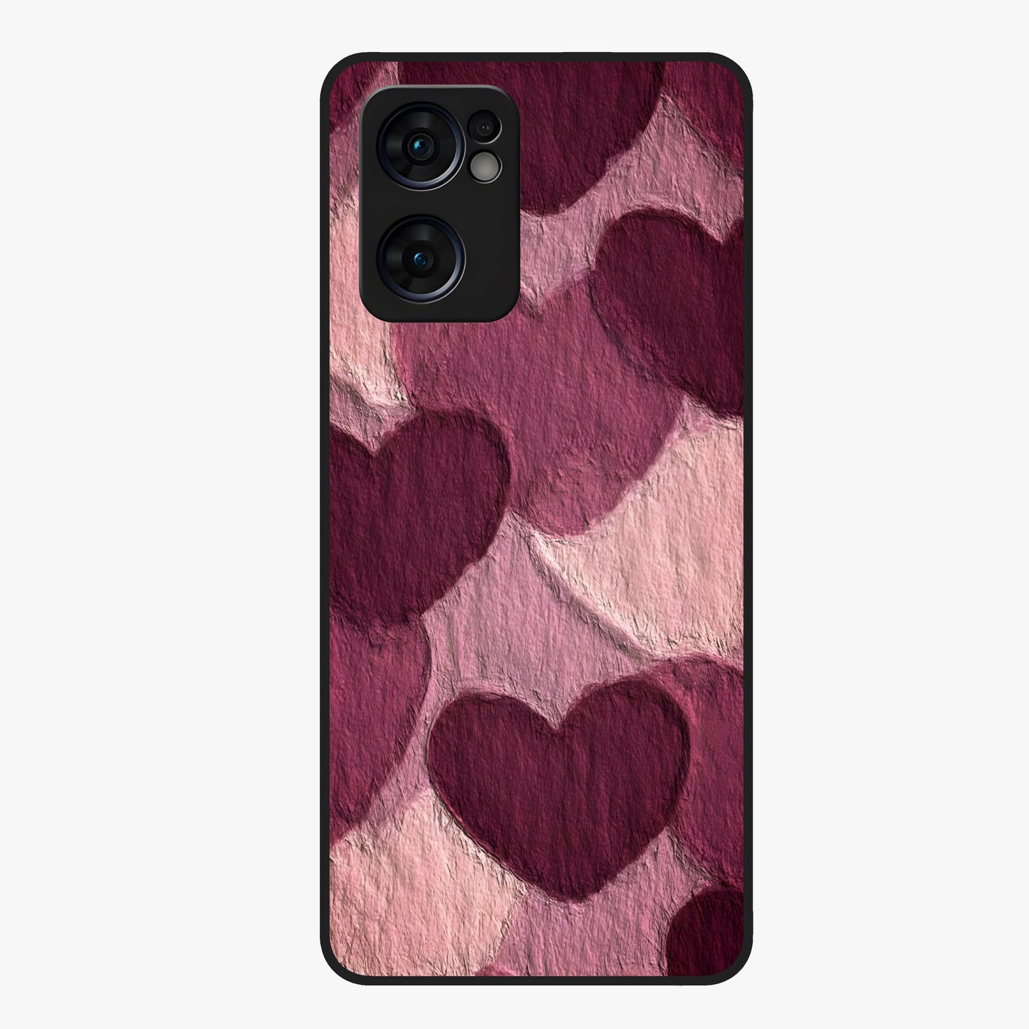 Layered Paper Hearts Glass Case showing flat back view with layered paper heart artwork and glossy glass finish.
