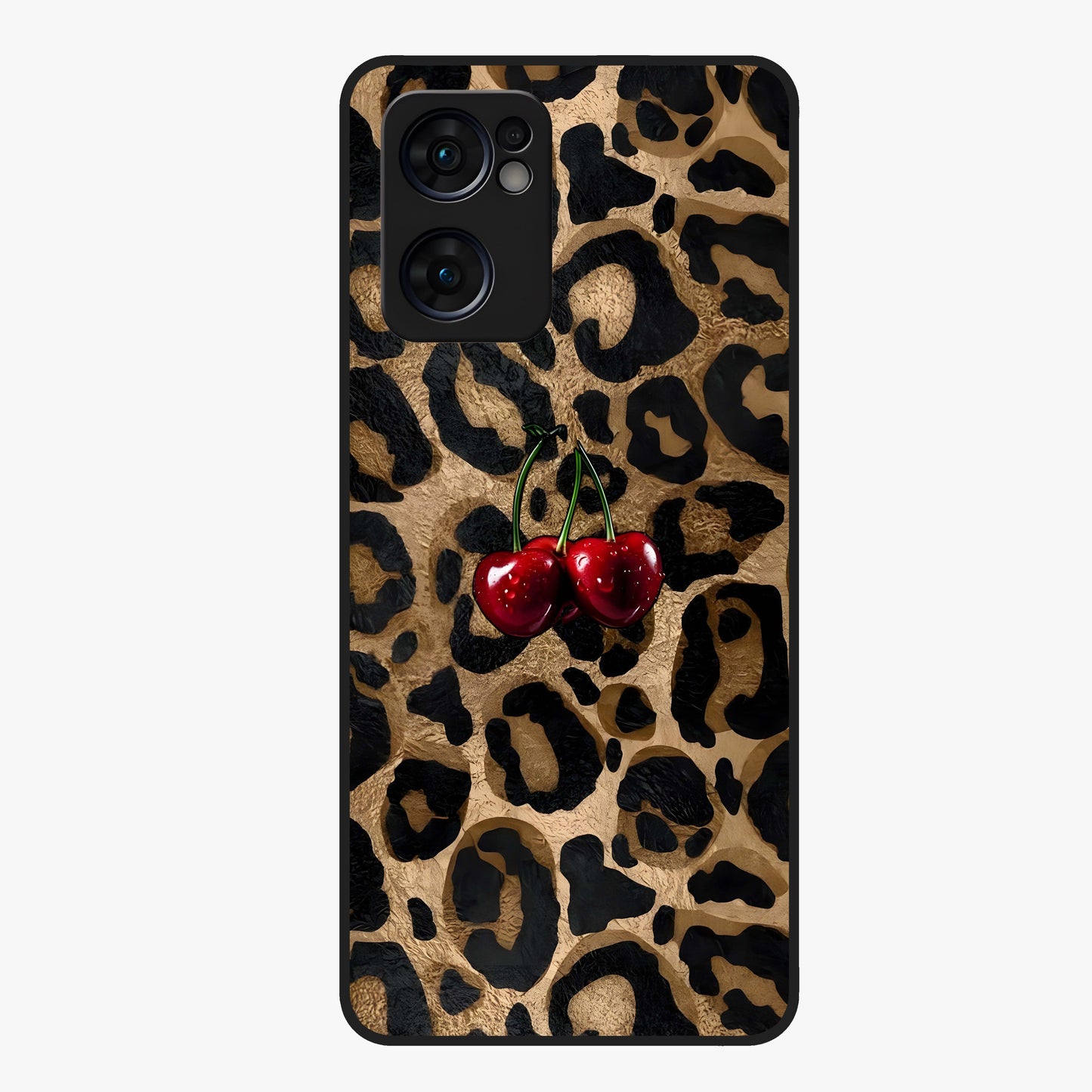 Leopard Wild Cherry Glass Case showing flat back view with leopard pattern and cherry artwork and glossy glass finish.