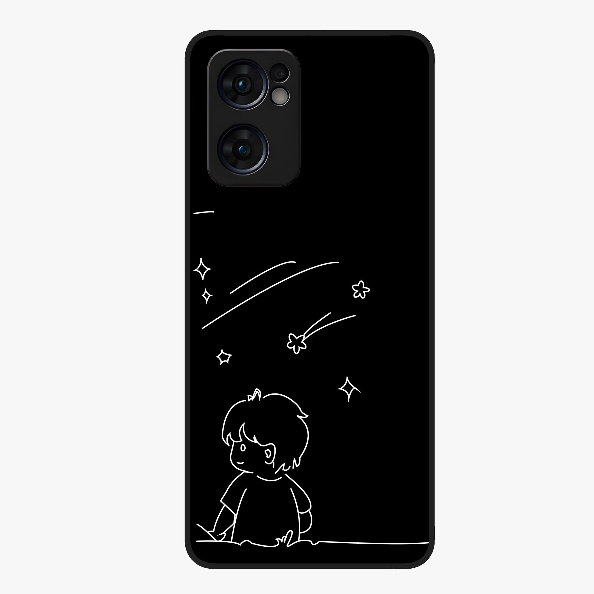 Line Art Boy With Shooting Stars Glass Case showing flat back view with minimal line art boy and shooting stars illustration and glossy glass finish.