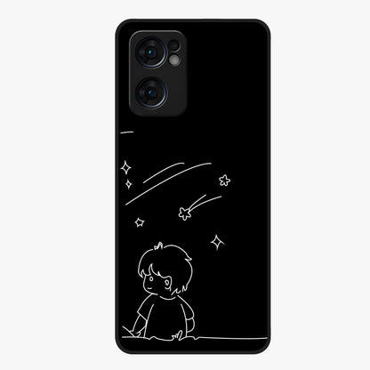 Line Art Boy With Shooting Stars Glass Case showing flat back view with minimal line art boy and shooting stars illustration and glossy glass finish.
