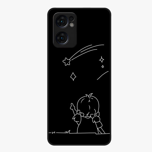 Line Art Girl With Shooting Stars Glass Case showing flat back view with minimal line art girl and shooting stars illustration and glossy glass finish.