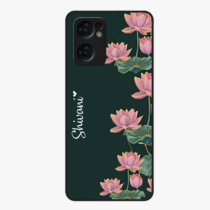 Lotus Bloom Serenity Custom Name Glass Case showing flat back view with elegant lotus flower artwork and personalized name design.