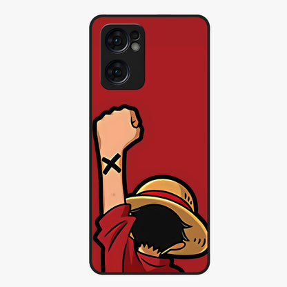 Luffy X Spirit Glass Case showing flat back view with bold anime character artwork and glossy glass finish.