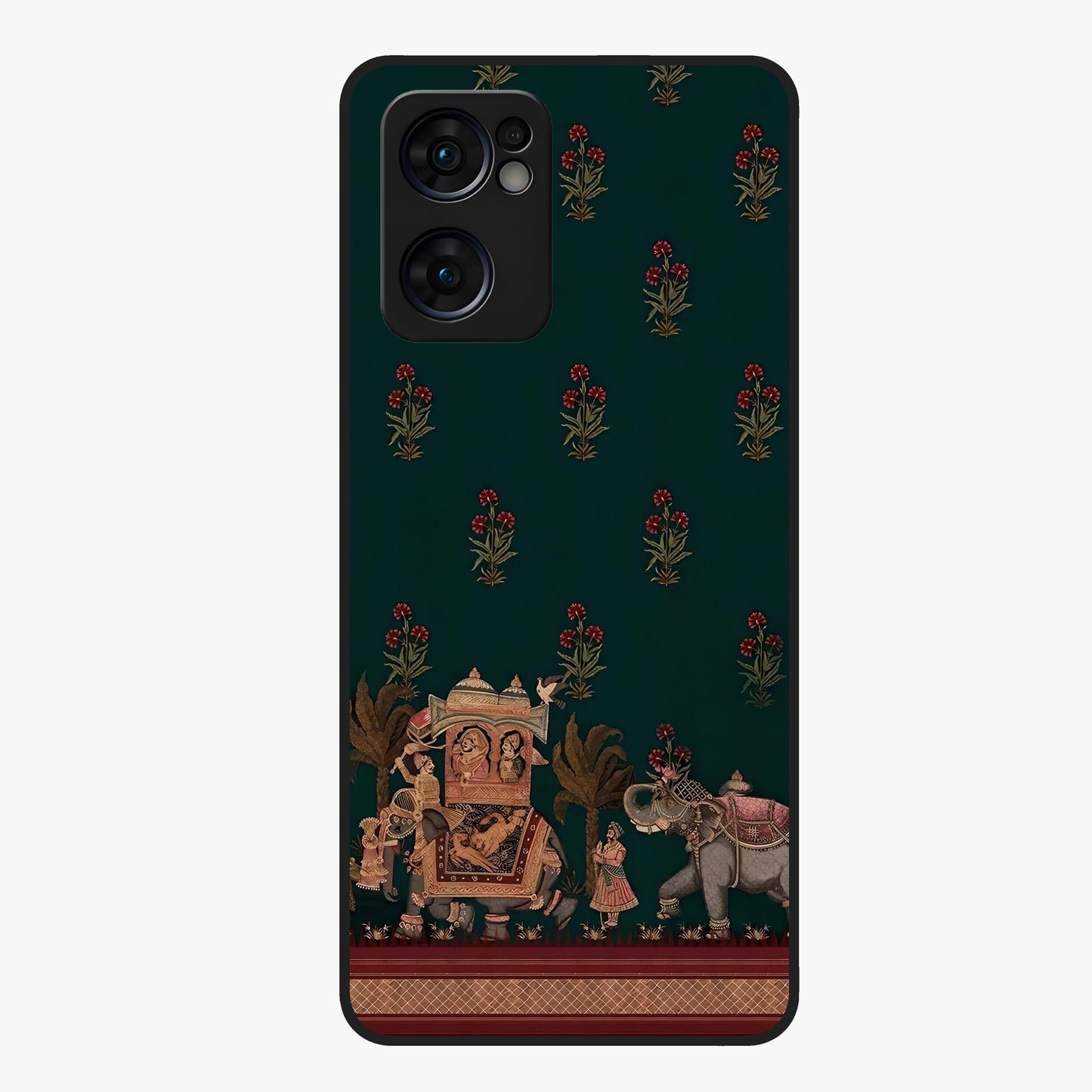 Macmerise Glass Case showing flat back view with stylish modern artwork and glossy glass finish.