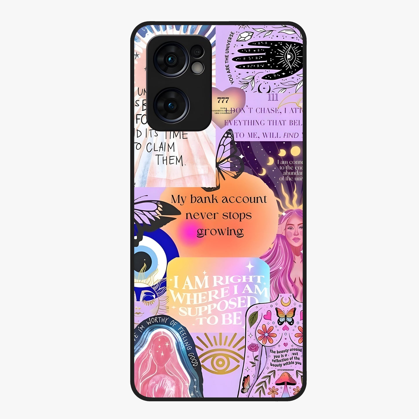 Manifestation Collage Glass Case showing flat back view with motivational collage artwork and glossy glass finish.