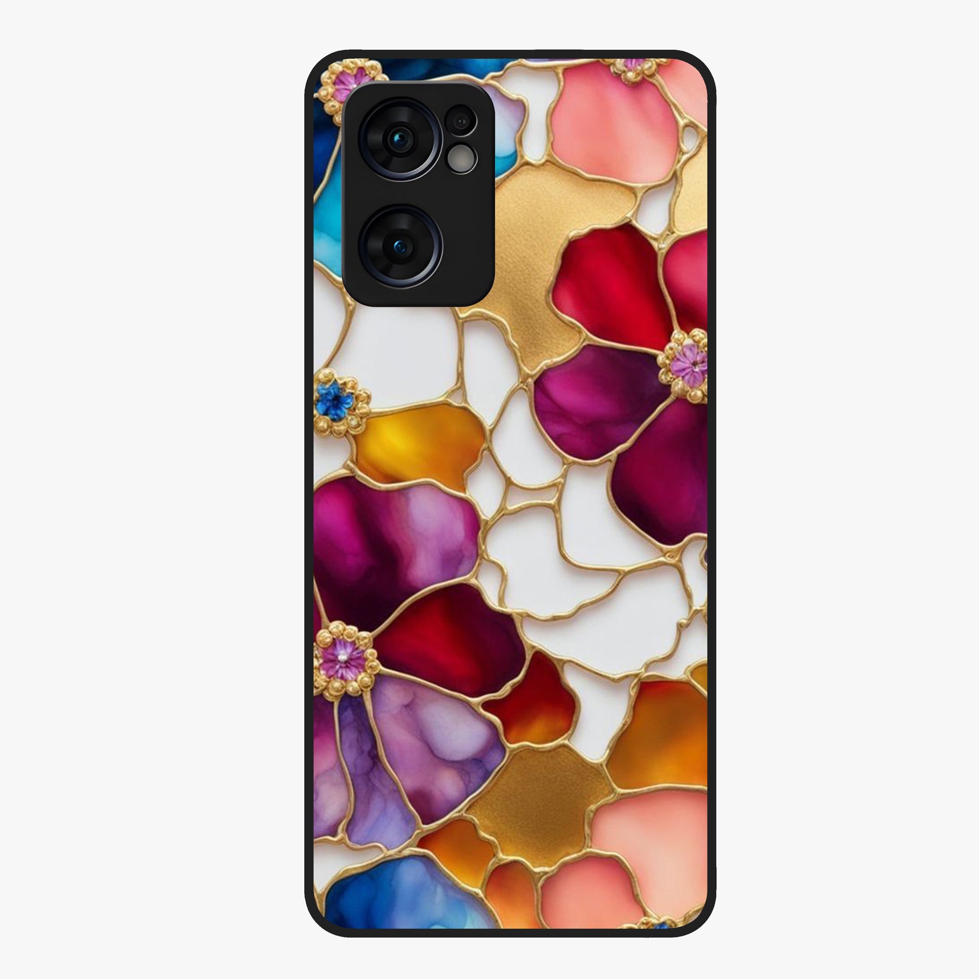 Marble Flower Pattern Glass Case showing flat back view with marble texture floral artwork and glossy glass finish.