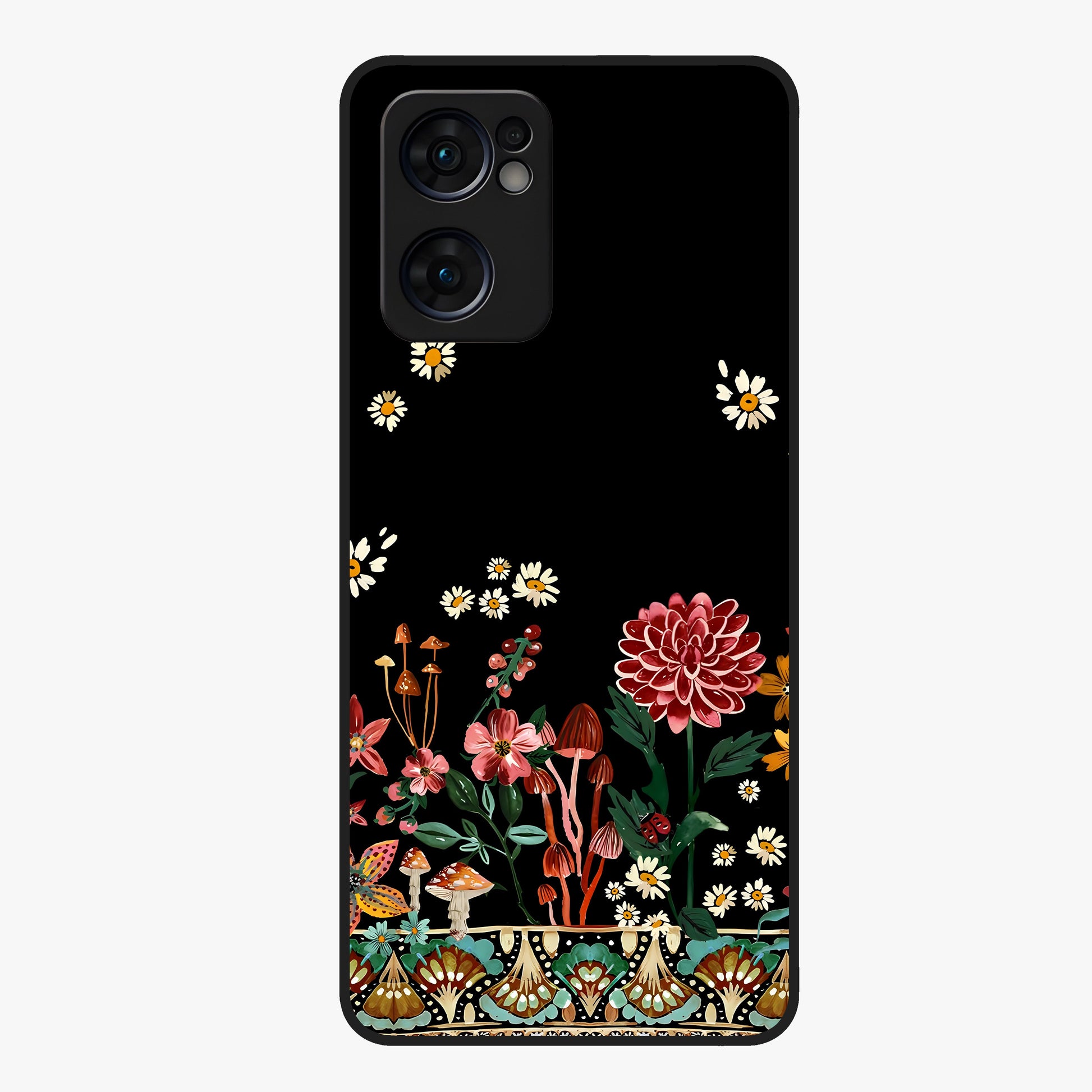 Midnight Bloom Pattern Glass Case showing flat back view with dark floral pattern artwork and glossy glass finish.