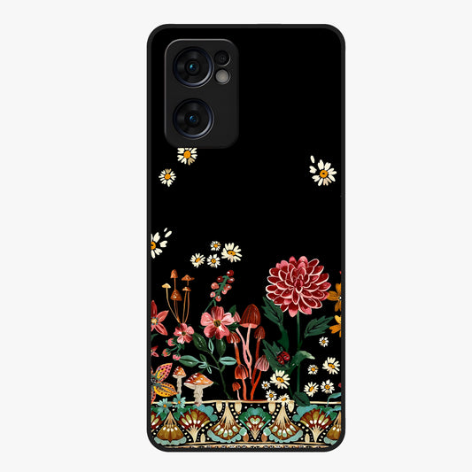 Midnight Bloom Pattern Glass Case showing flat back view with dark floral pattern artwork and glossy glass finish.