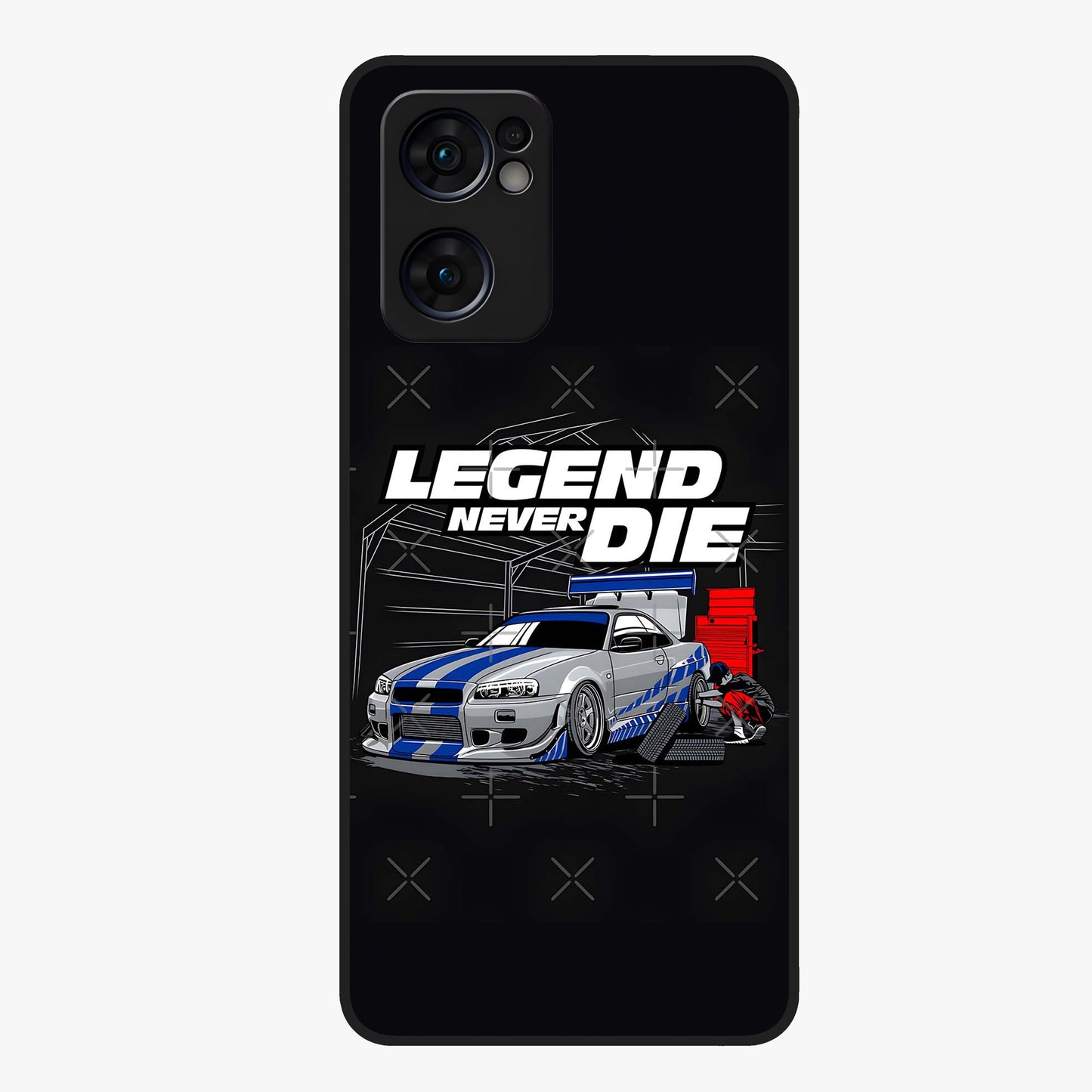Midnight Racing Legacy Glass Case showing flat back view with sleek racing inspired artwork and glossy glass finish.