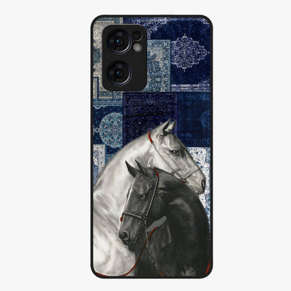Midnight Stallion Blues Glass Case showing flat back view with majestic horse artwork and glossy glass finish.