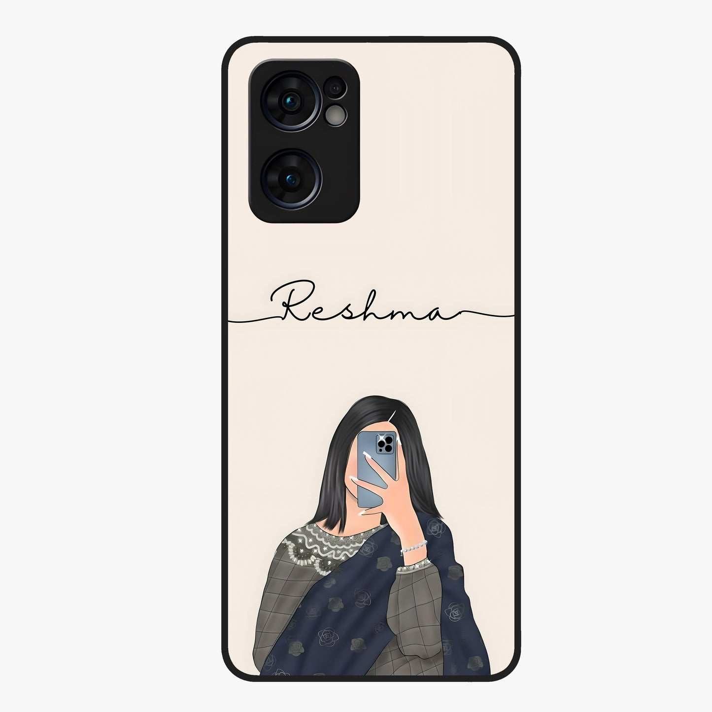 Mirror Mood Muse With Custom Name Glass Case showing flat back view with stylish mirrored artwork and personalized name design.