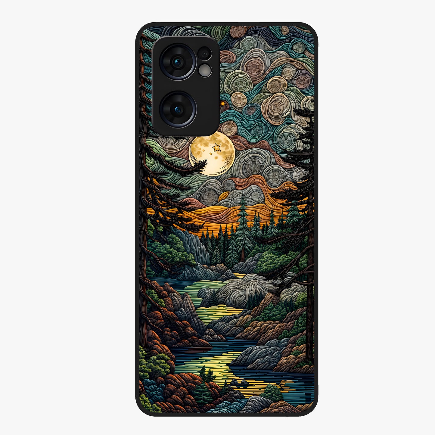Moonlight Forest Dream Glass Case showing flat back view with mystical forest moonlight artwork and glossy glass finish.