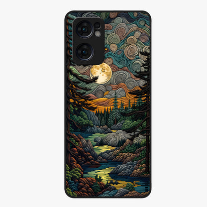 Moonlight Forest Dream Glass Case showing flat back view with mystical forest moonlight artwork and glossy glass finish.