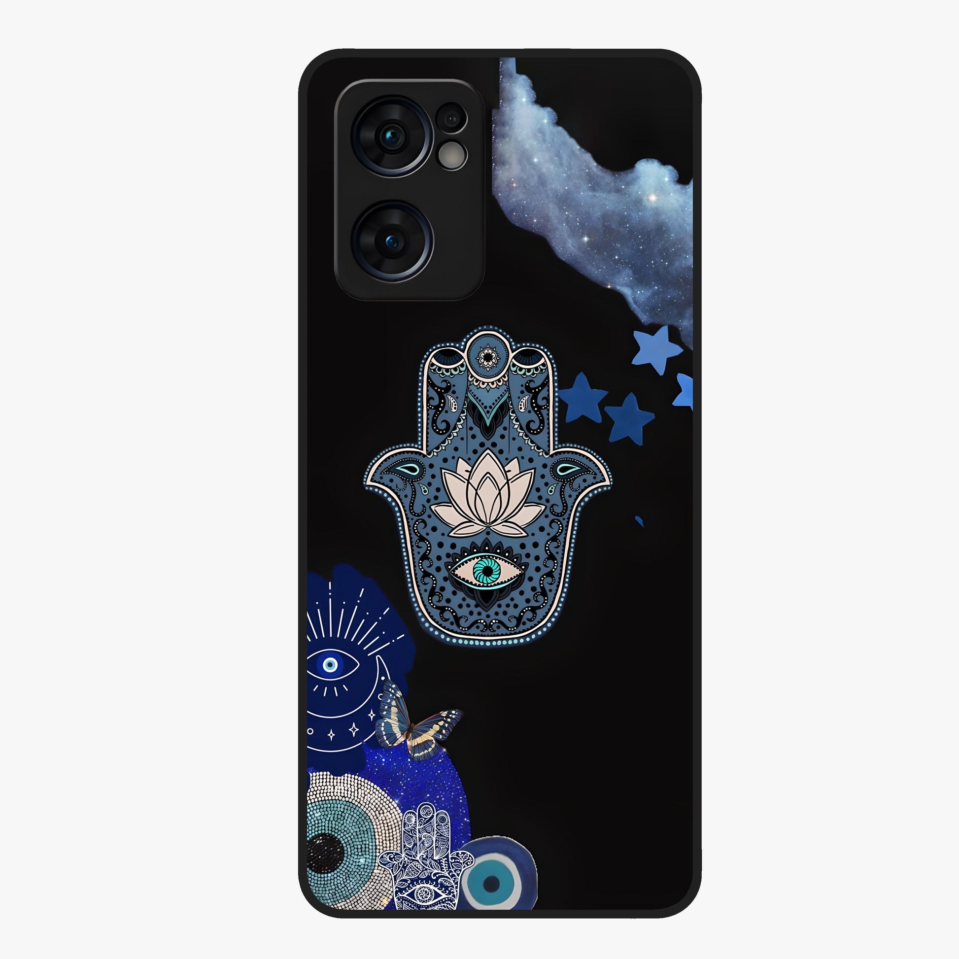 Mystic Hand Aura Glass Case showing flat back view with mystical hand symbol artwork and glossy glass finish.