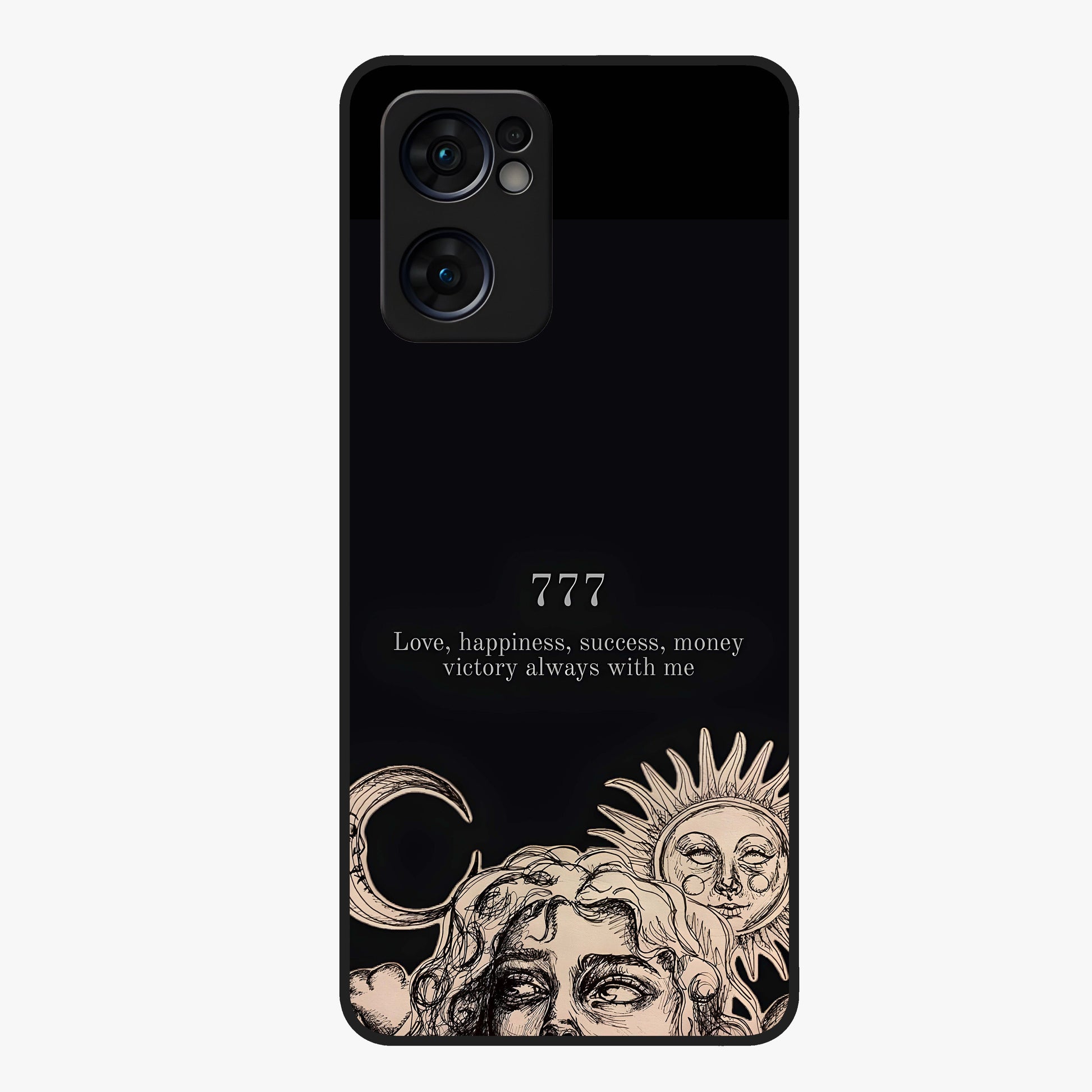 Mystic Victory Aura Glass Case showing flat back view with victory symbol artwork and glossy glass finish.