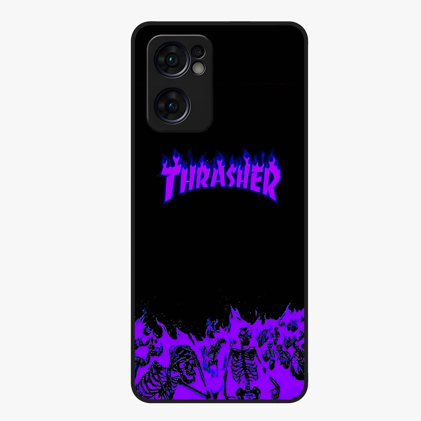 Neon Flame Riot Glass Case showing flat back view with neon flame artwork and glossy glass finish.