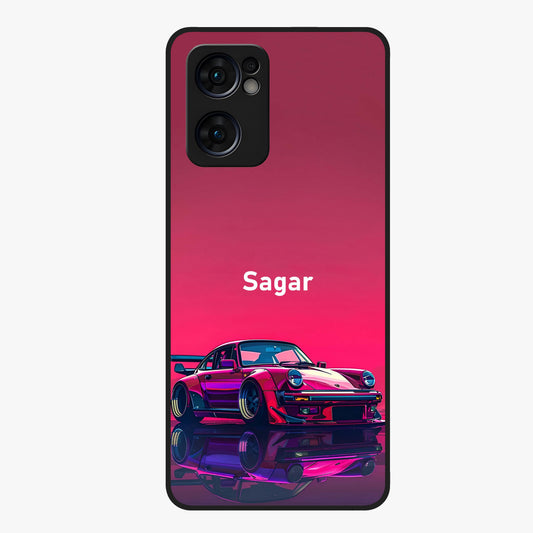 Neon Pink Porsche Glass Case showing flat back view with stylish sports car artwork and glossy glass finish.