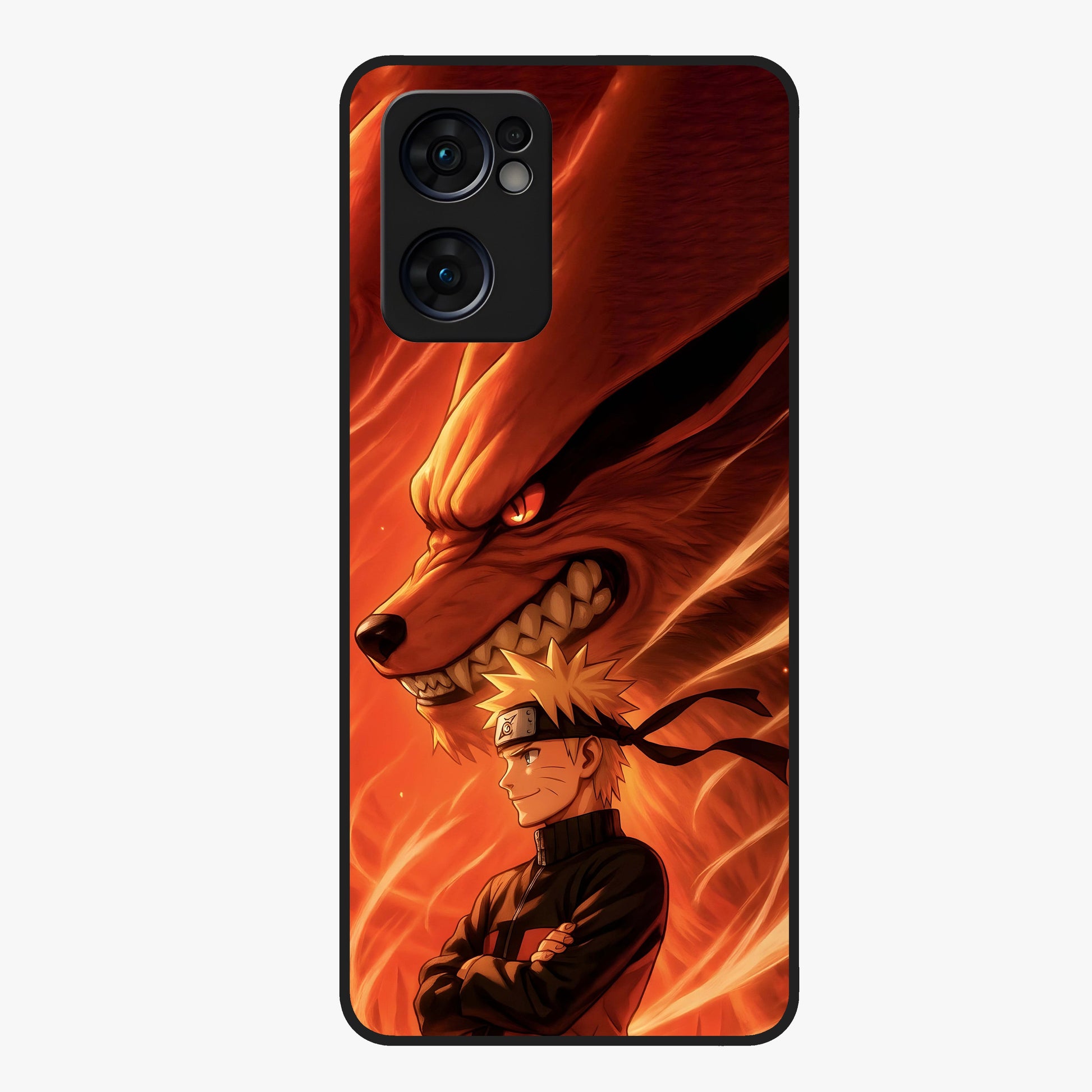 Nine Tails Legacy Glass Case showing flat back view with powerful nine-tailed fox inspired artwork and glossy glass finish.