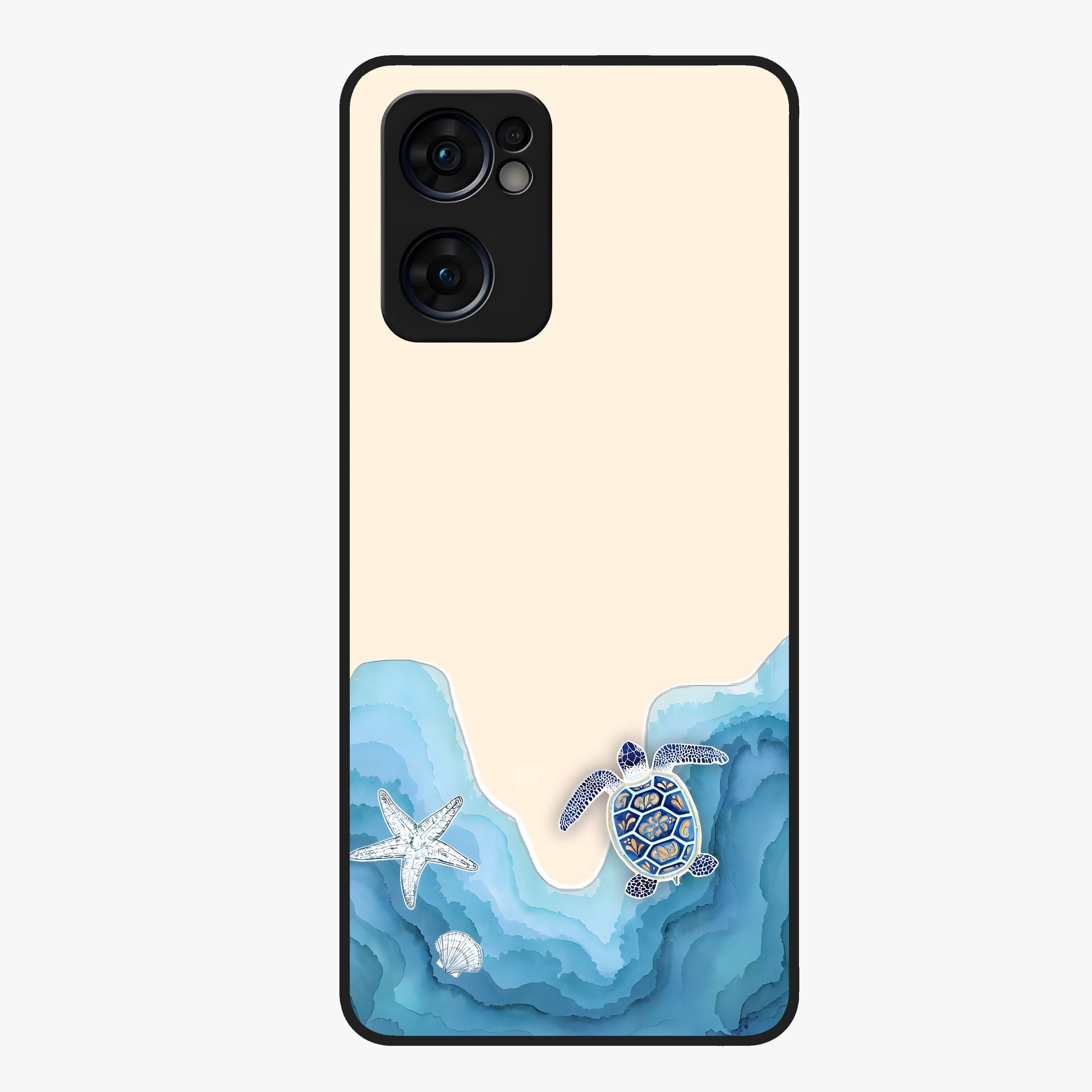 Ocean Drift Turtle Glass Case showing flat back view with sea turtle artwork and glossy glass finish.