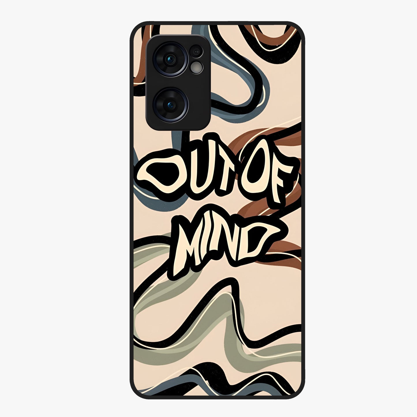 Out Of Mind Glass Case showing flat back view with expressive typography artwork and glossy glass finish.