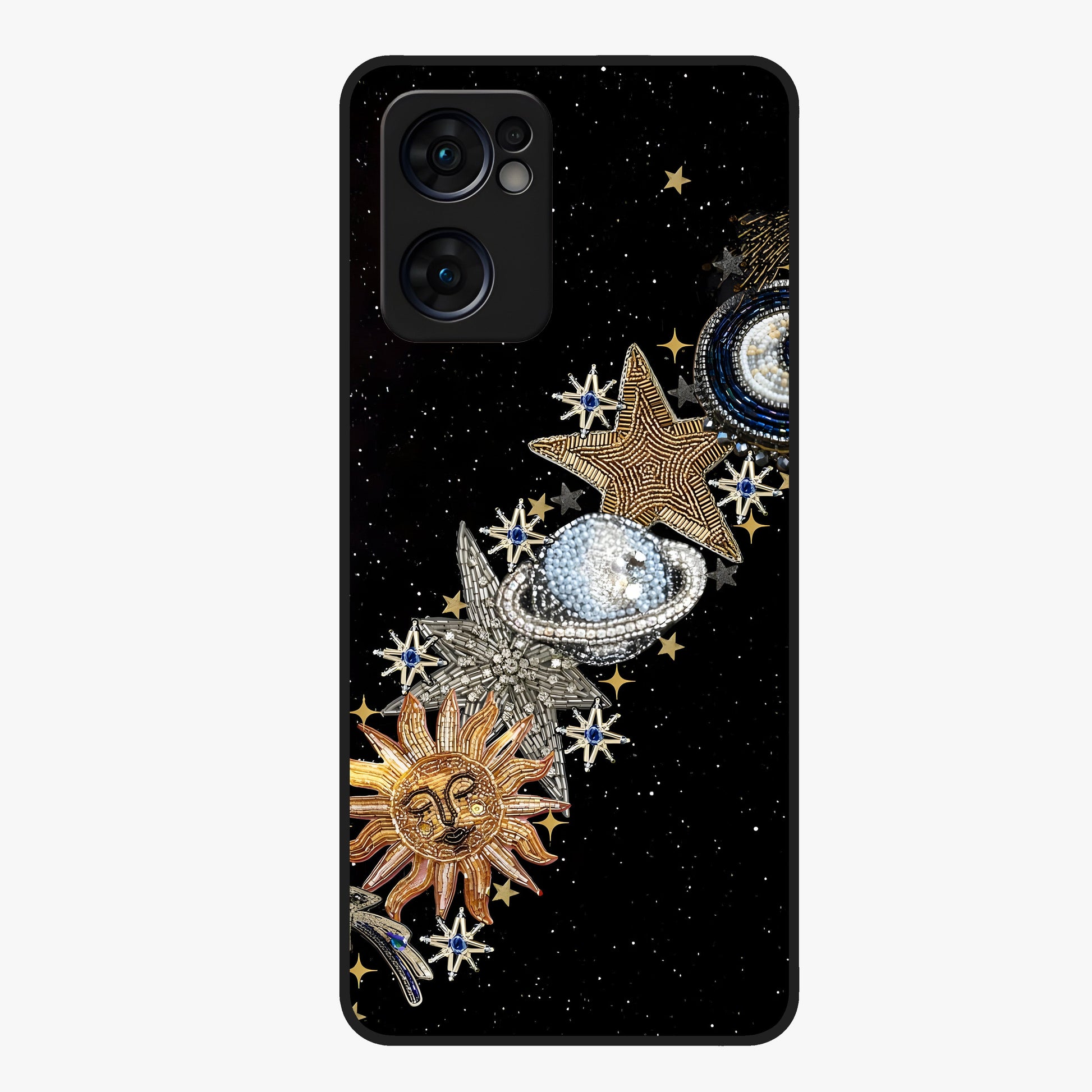 Pearls Universe Object Glass Case showing flat back view with pearl inspired cosmic artwork and glossy glass finish.