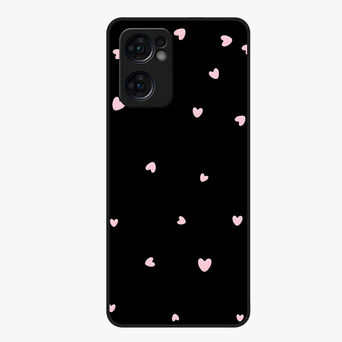 Pink Love Drops Glass Case showing flat back view with playful pink heart drops artwork and glossy glass finish.