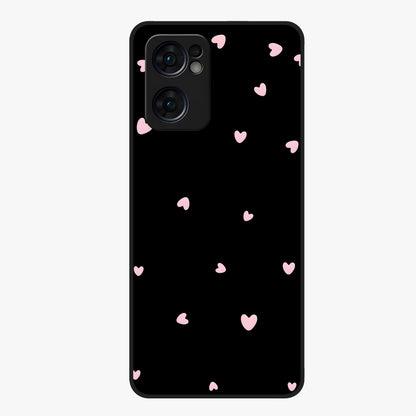 Pink Love Drops Glass Case showing flat back view with playful pink heart drops artwork and glossy glass finish.