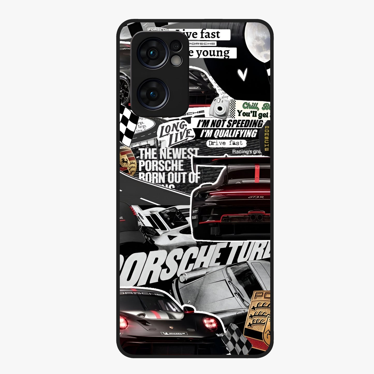 Porsche Racing Collage Glass Case showing flat back view with sports car racing collage artwork and glossy glass finish.