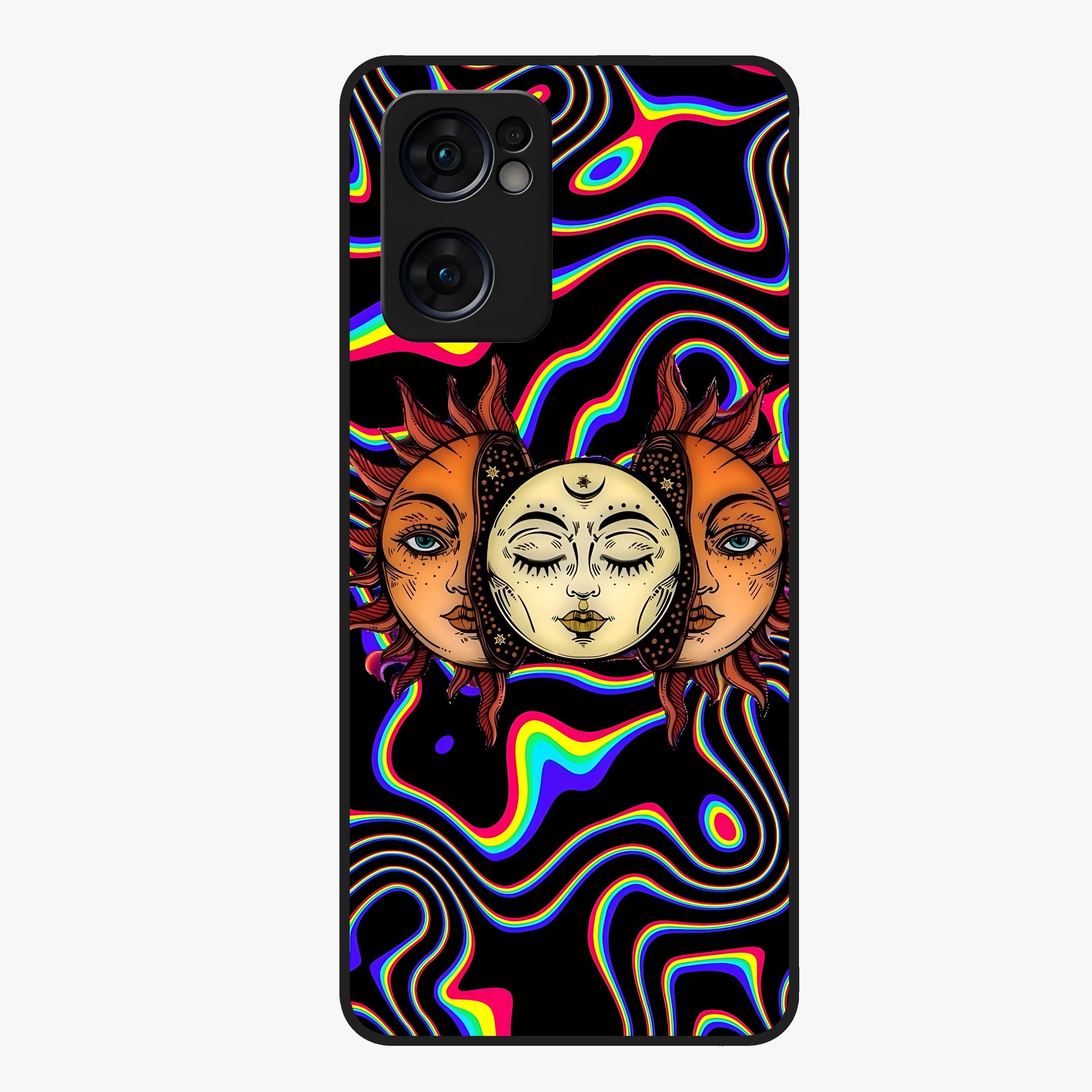Psychedelic Sun Glass Case showing flat back view with colorful psychedelic sun artwork and glossy glass finish.