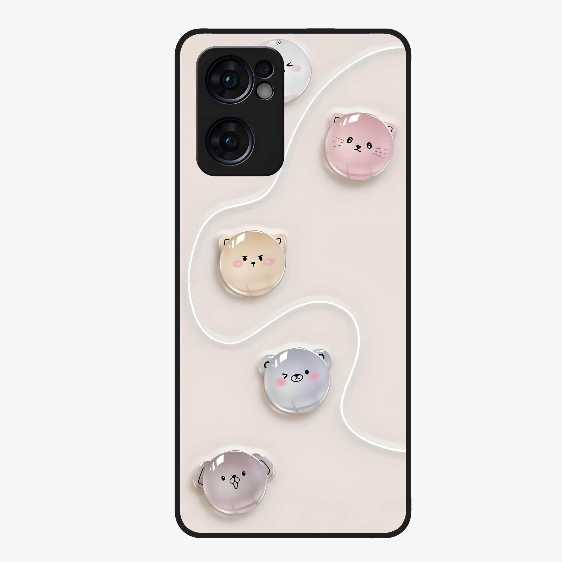 Puffy Face Parade Glass Case showing flat back view with cute puffy character faces artwork and glossy glass finish.