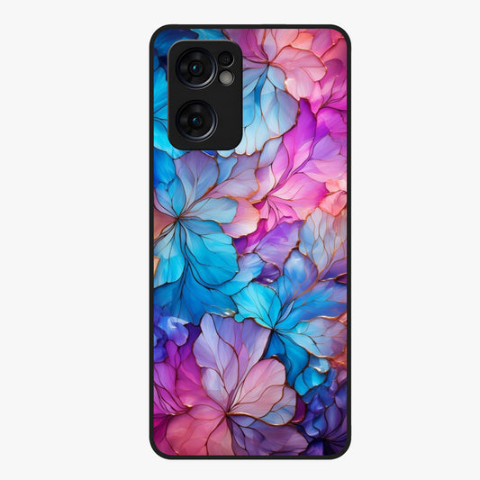Radiant Floral Whirl Glass Case showing flat back view with swirling floral artwork and glossy glass finish.