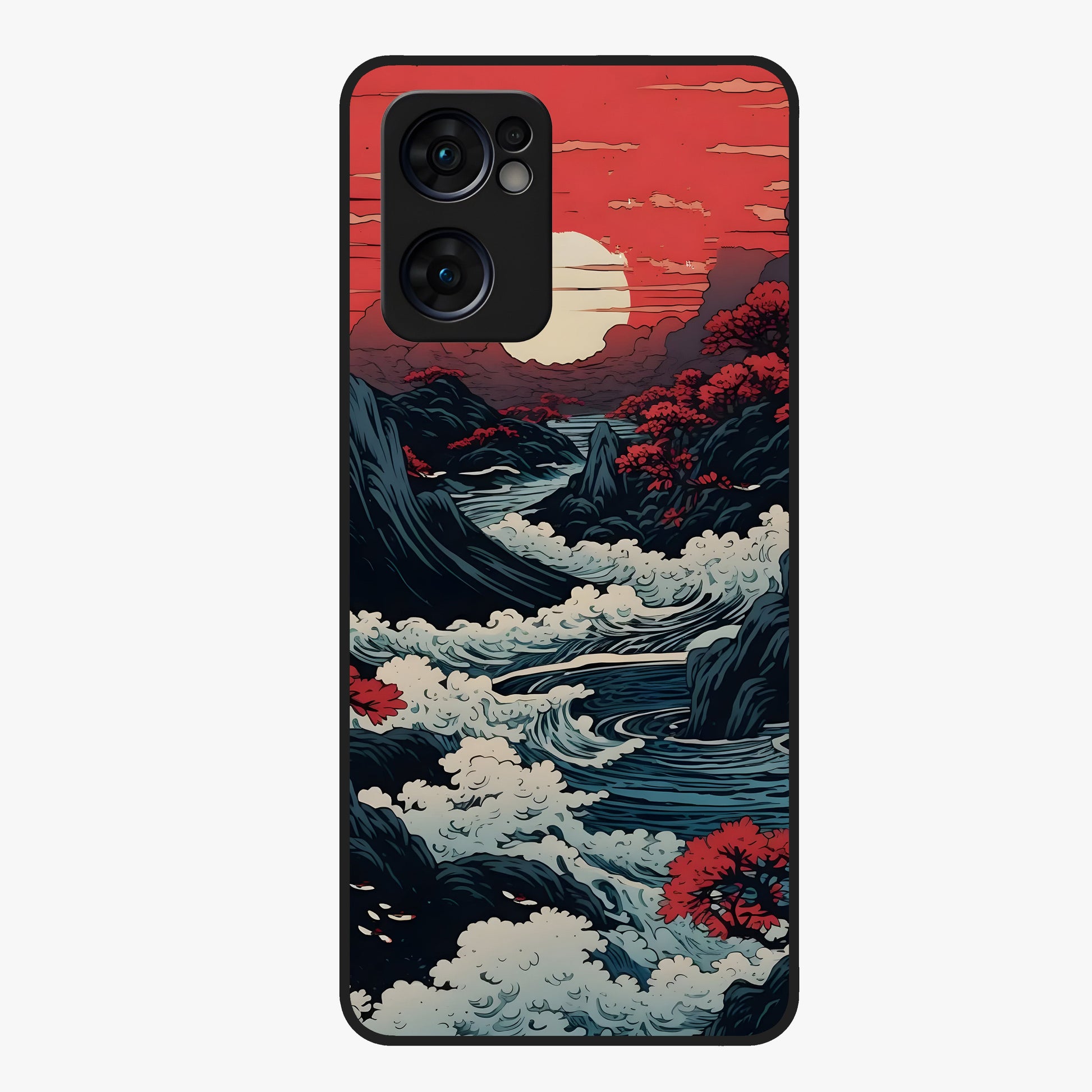 Red Sunset Scenery Glass Case showing flat back view with vibrant sunset landscape artwork and glossy glass finish.